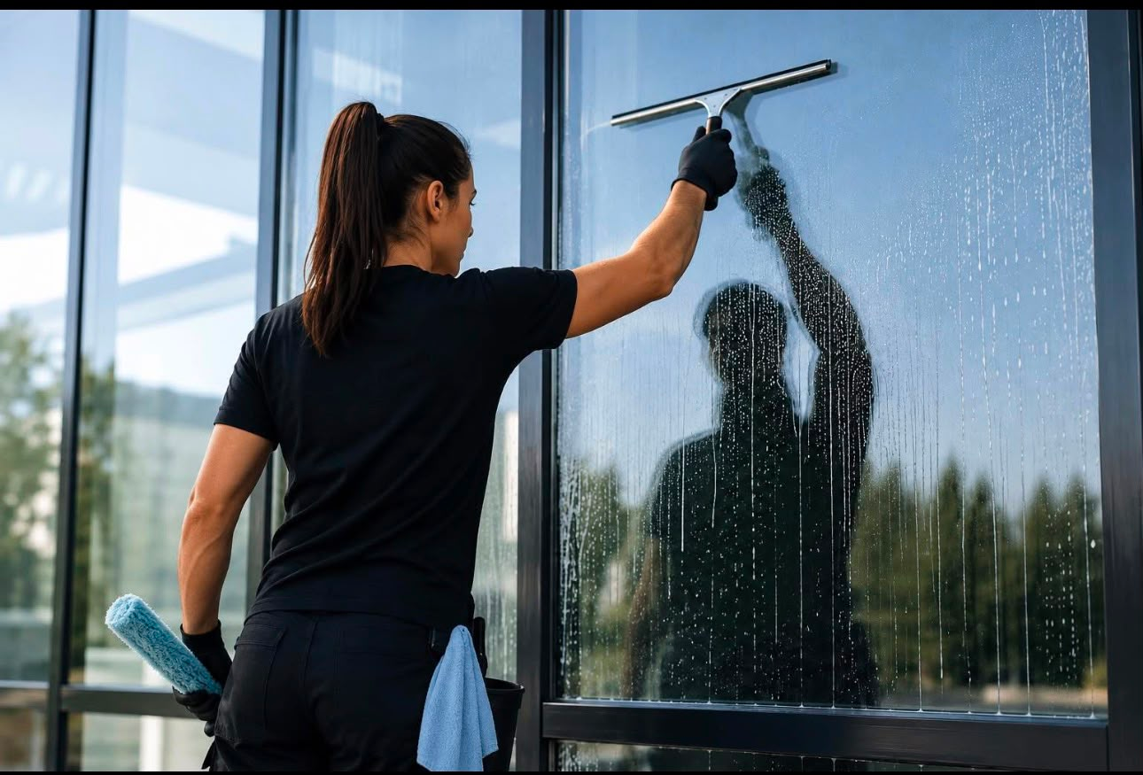 Reinigungsfachkraft von Kenosa GmbH bei der professionellen, streifenfreien Fensterreinigung in Meiringen